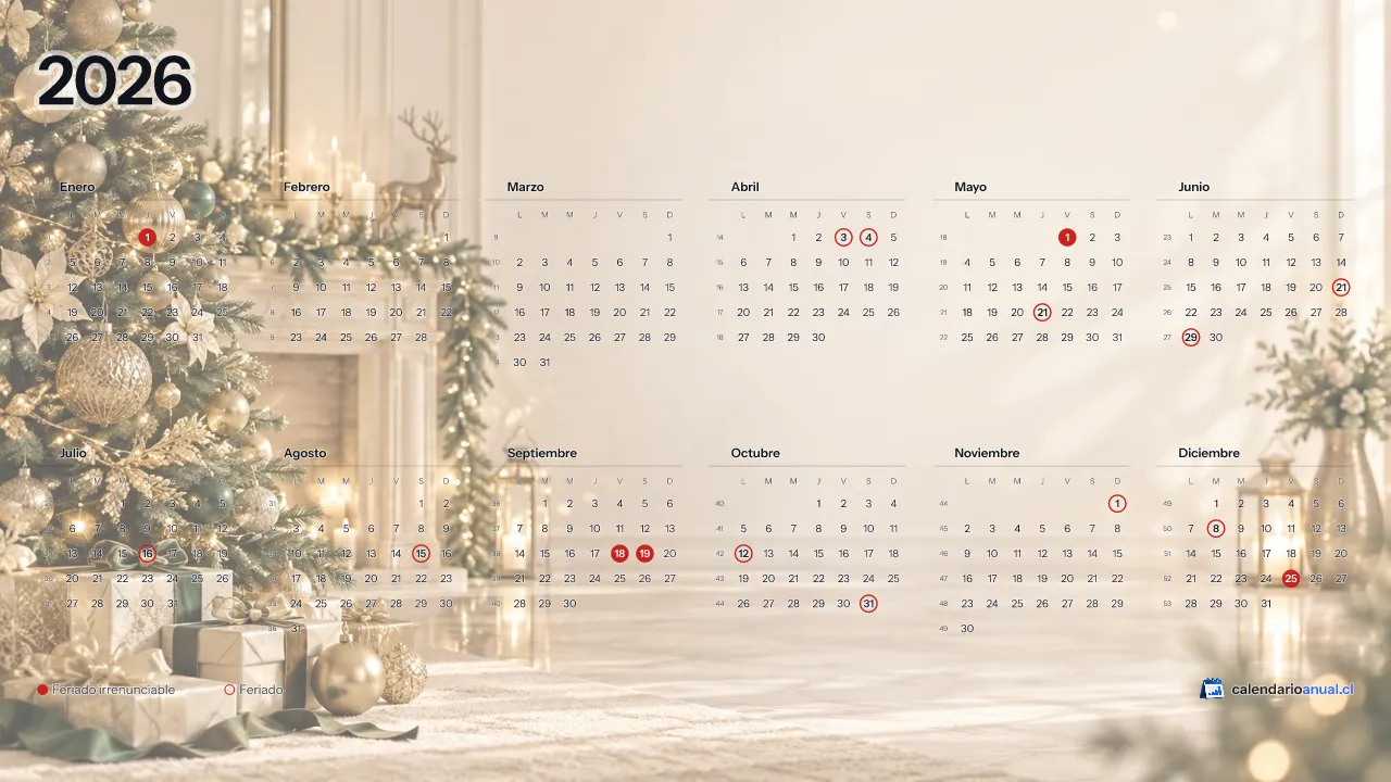 Fondo de pantalla Navidad, Elegante, con el calendario 2026 de Chile y sus feriados, horizontal para computador