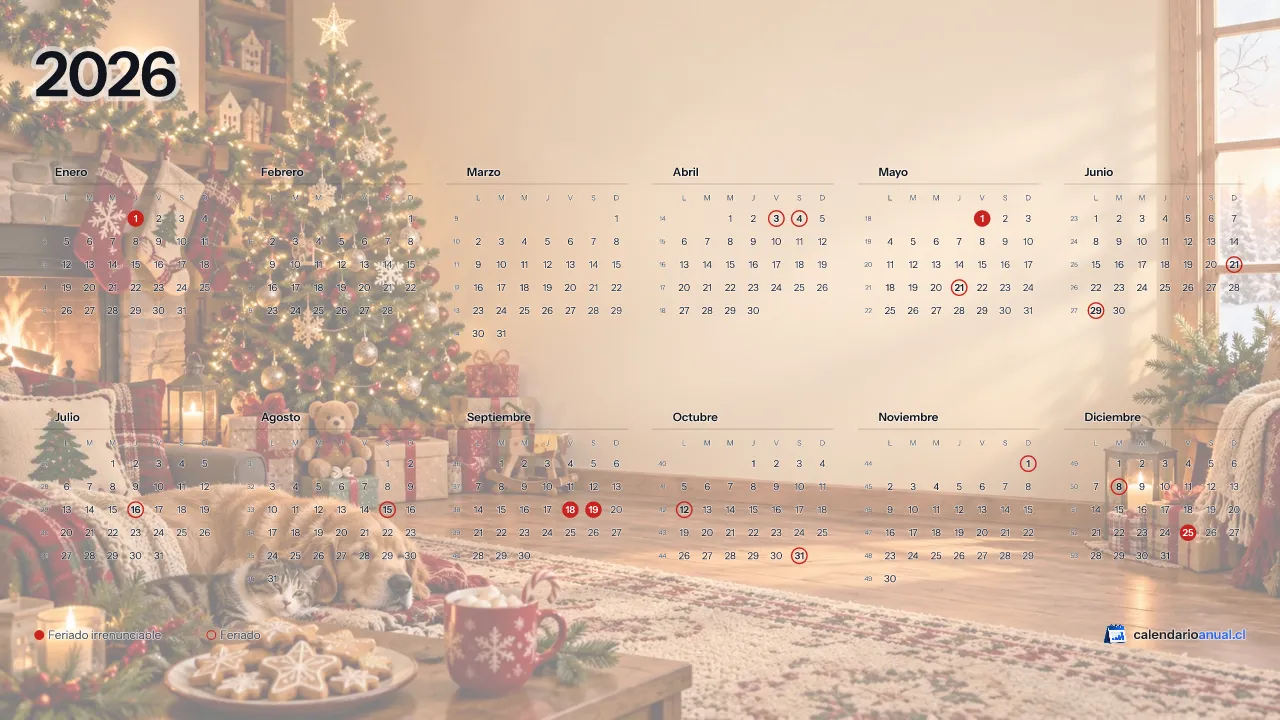 Fondo de pantalla Navidad, Familiar, con el calendario 2026 de Chile y sus feriados, horizontal para computador