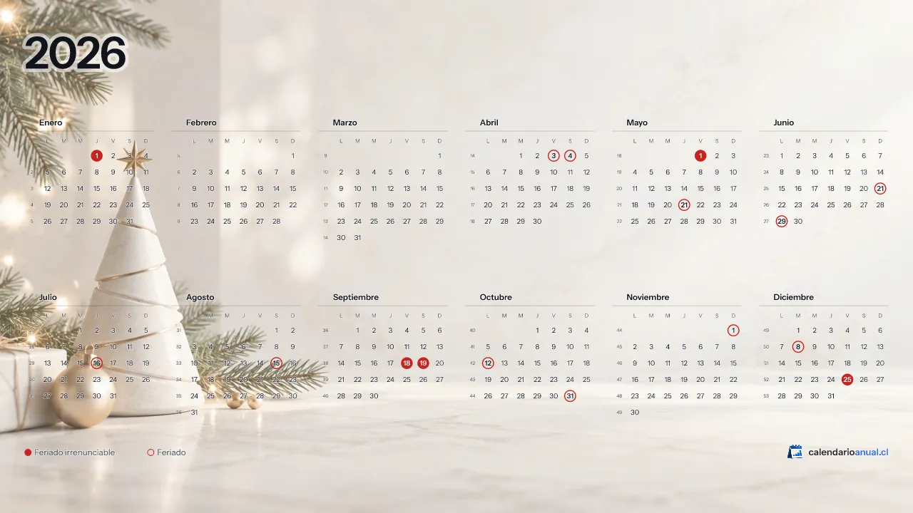 Fondo de pantalla Navidad, Minimalista, con el calendario 2026 de Chile y sus feriados, horizontal para computador