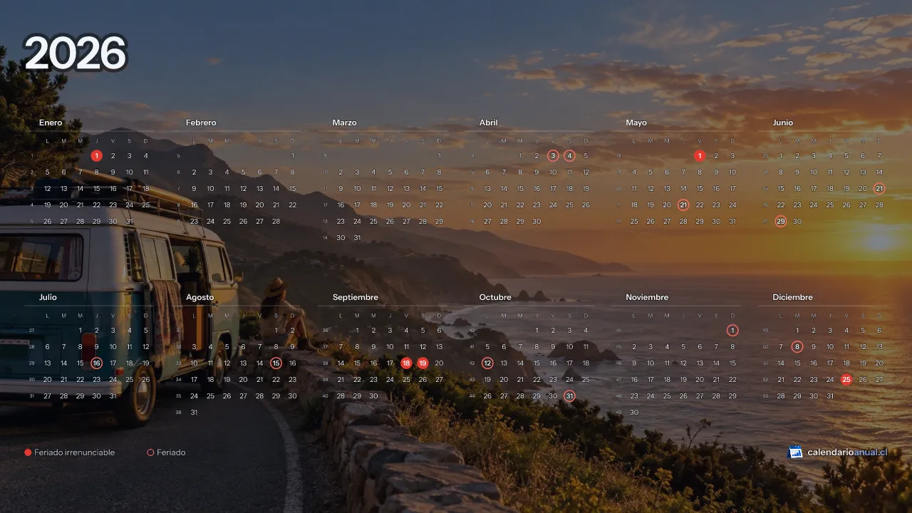 Fondo de pantalla Vacaciones, Aventura, con el calendario 2026 de Chile y sus feriados, horizontal para computador