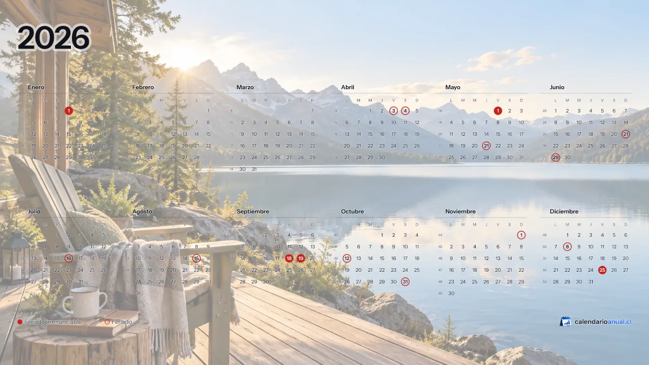 Fondo de pantalla Vacaciones, Descanso, con el calendario 2026 de Chile y sus feriados, horizontal para computador