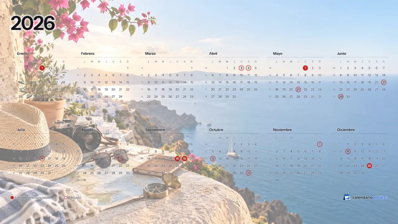 Fondo de pantalla Vacaciones, Escapada, con el calendario 2026 de Chile y sus feriados, horizontal para computador