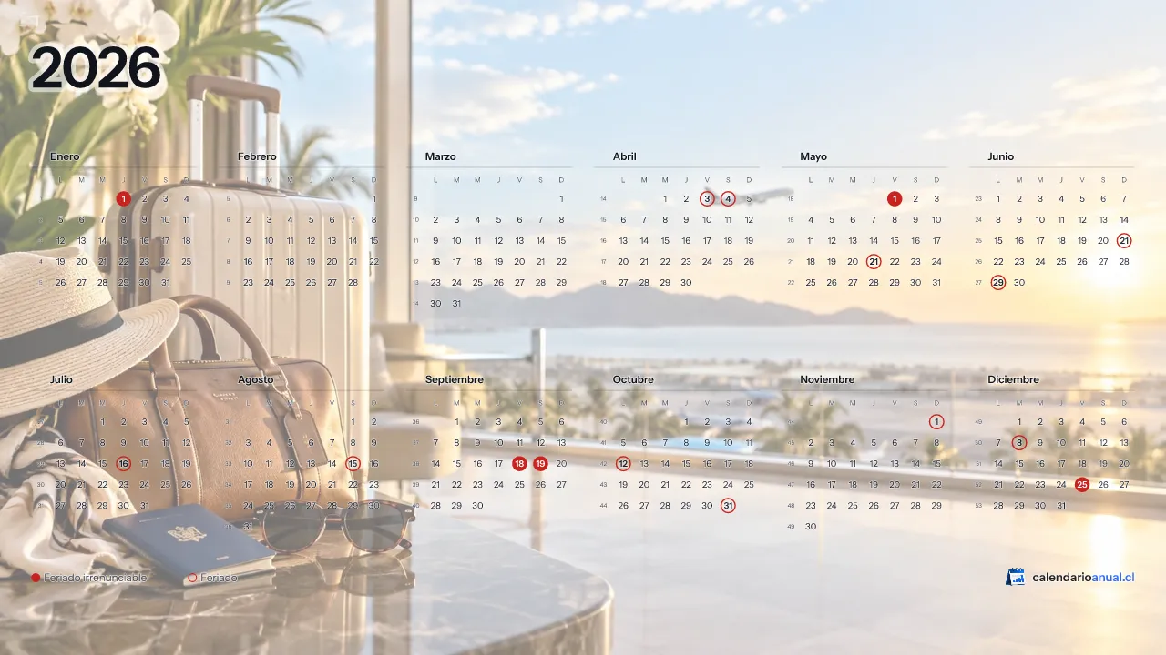 Fondo de pantalla Vacaciones, Viaje, con el calendario 2026 de Chile y sus feriados, horizontal para computador