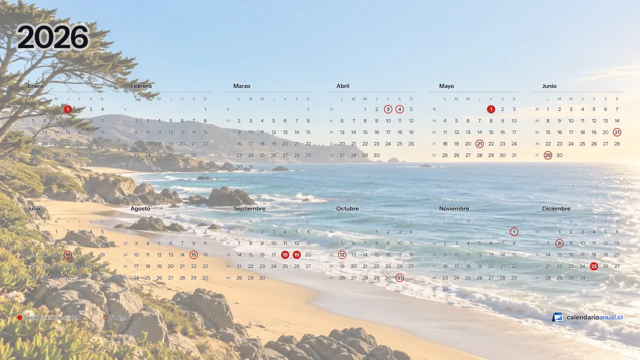 Fondo de pantalla Verano, Costa, con el calendario 2026 de Chile y sus feriados, horizontal para computador