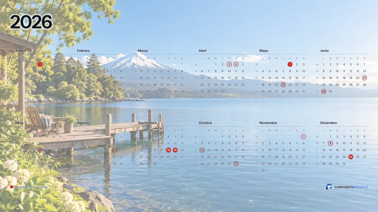 Fondo de pantalla Verano, Lago y volcán, con el calendario 2026 de Chile y sus feriados, horizontal para computador