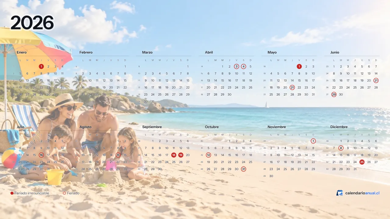 Fondo de pantalla Verano, Playa, con el calendario 2026 de Chile y sus feriados, horizontal para computador
