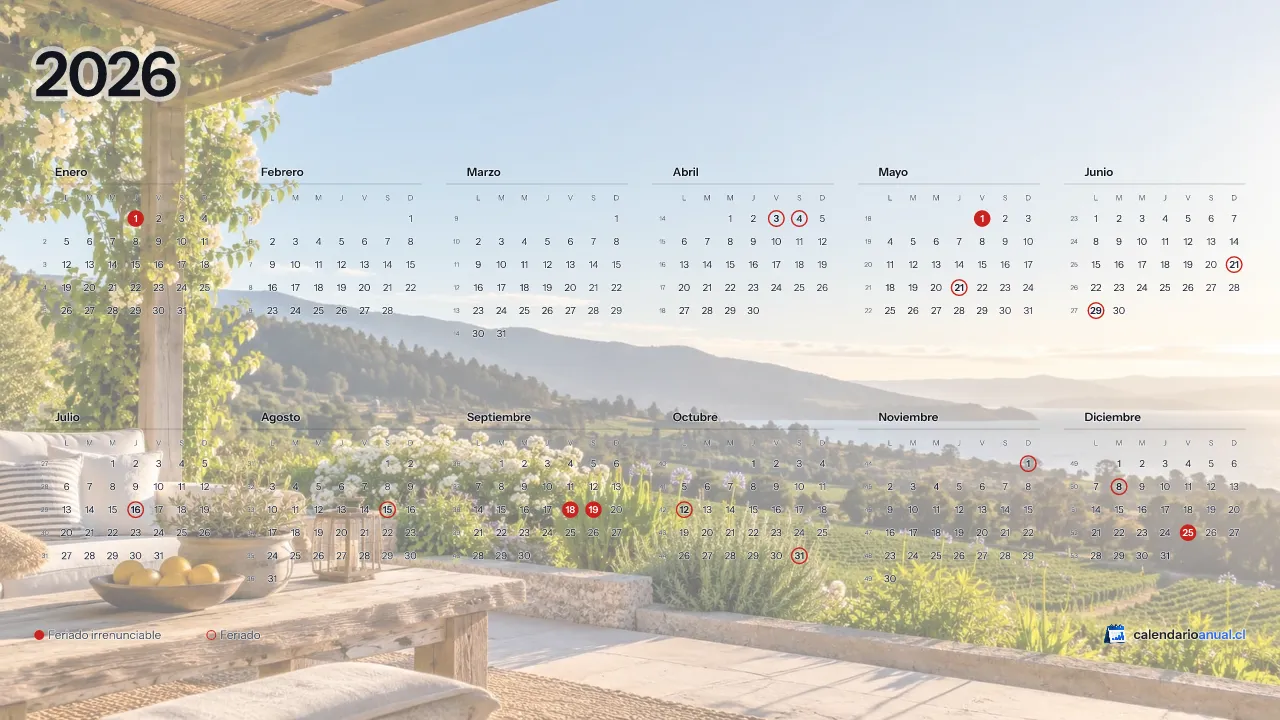 Fondo de pantalla Verano, Terraza, con el calendario 2026 de Chile y sus feriados, horizontal para computador