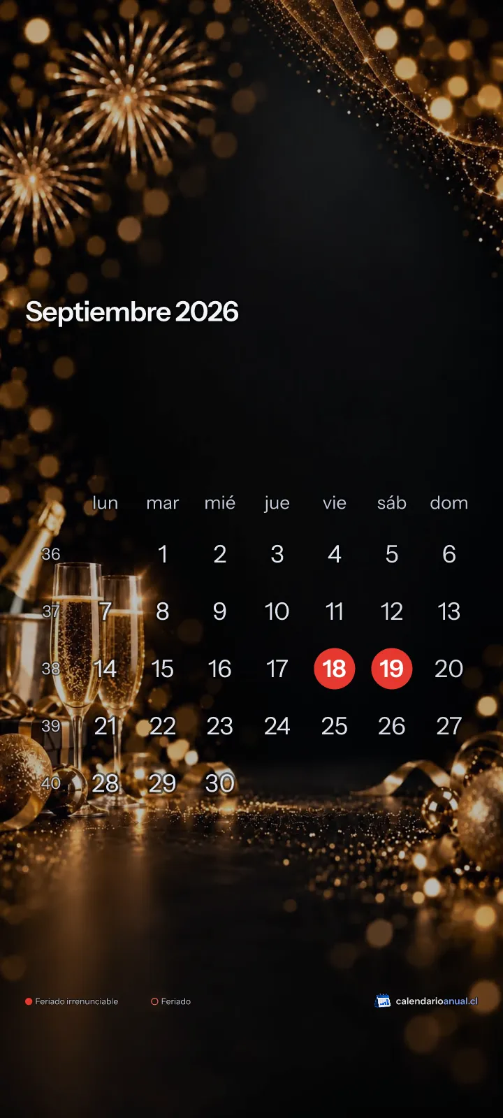 Fondo de pantalla Año Nuevo, Elegante, con el calendario de septiembre 2026 de Chile y sus feriados, vertical para celular