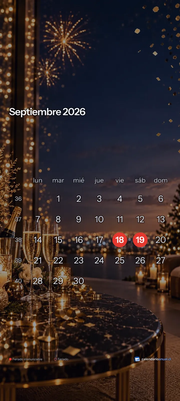 Fondo de pantalla Año Nuevo, Fiesta, con el calendario de septiembre 2026 de Chile y sus feriados, vertical para celular