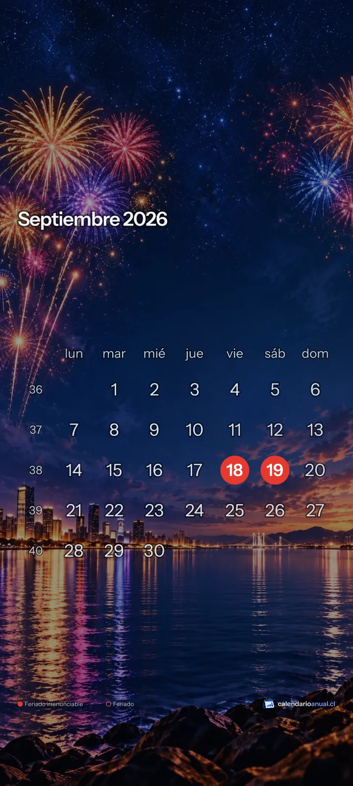 Fondo de pantalla Año Nuevo, Fuegos artificiales, con el calendario de septiembre 2026 de Chile y sus feriados, vertical para celular