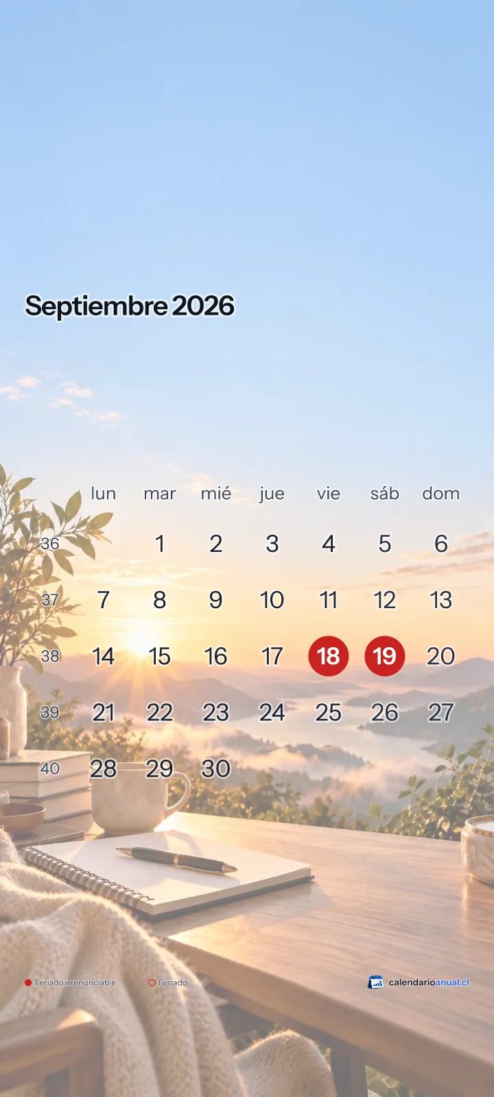Fondo de pantalla Año Nuevo, Nuevo comienzo, con el calendario de septiembre 2026 de Chile y sus feriados, vertical para celular