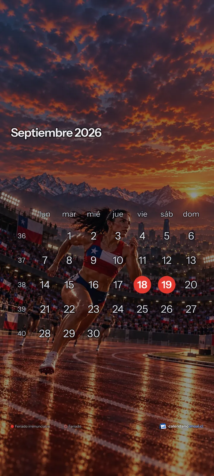 Fondo de pantalla Deportes Chile, Atletismo, con el calendario de septiembre 2026 de Chile y sus feriados, vertical para celular