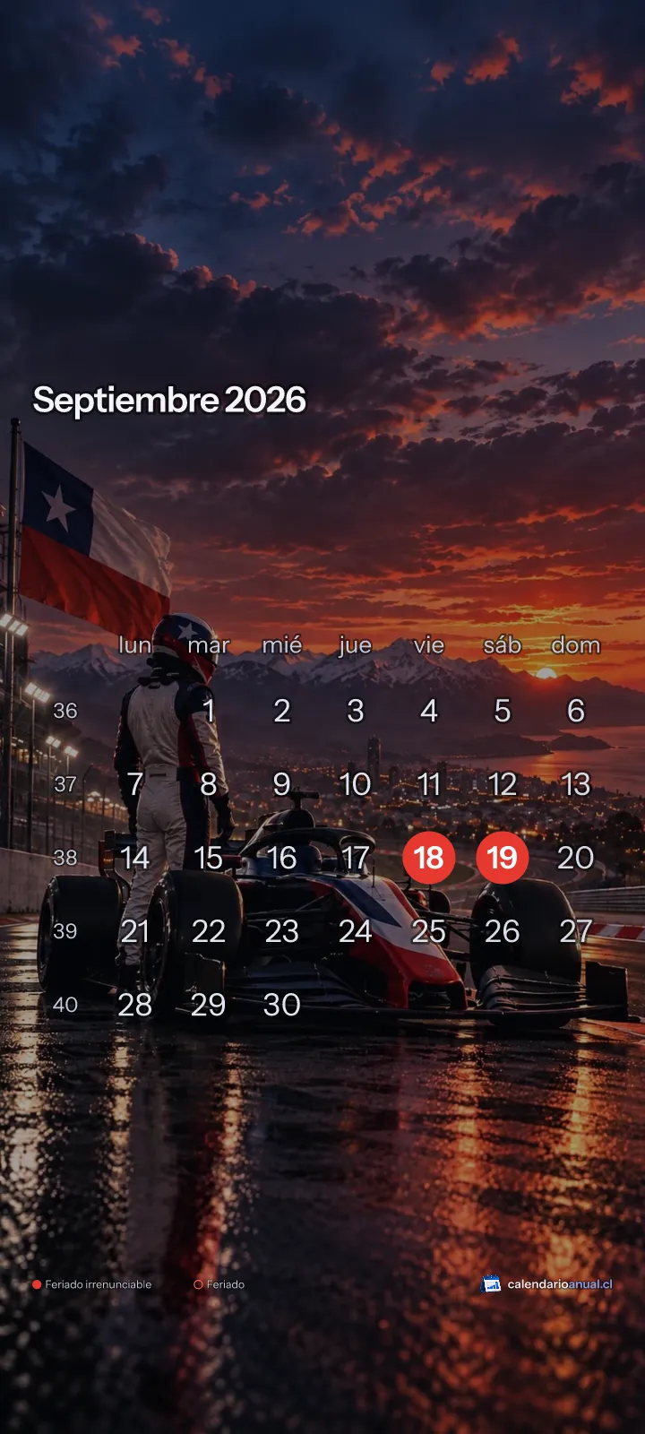 Fondo de pantalla Deportes Chile, Automovilismo, con el calendario de septiembre 2026 de Chile y sus feriados, vertical para celular