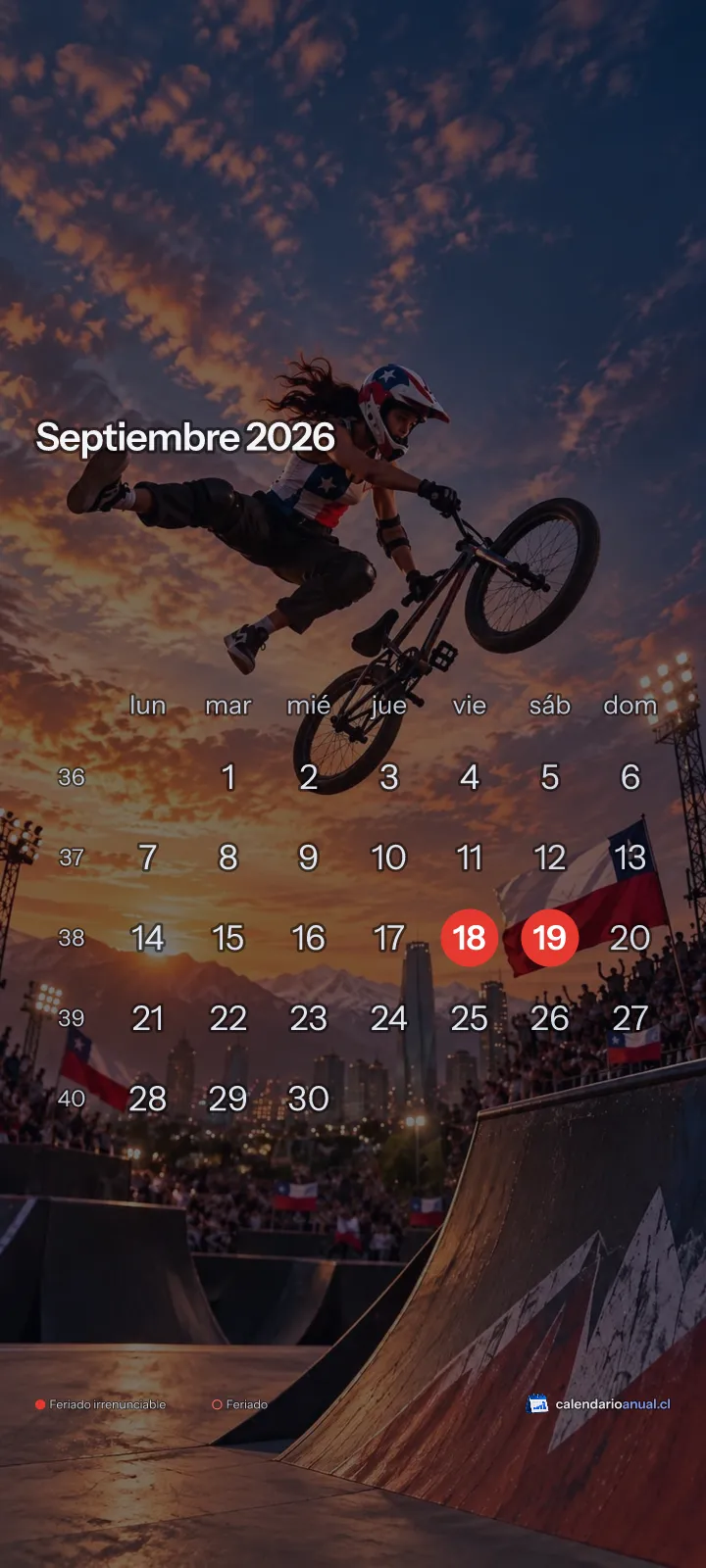 Fondo de pantalla Deportes Chile, BMX freestyle, con el calendario de septiembre 2026 de Chile y sus feriados, vertical para celular