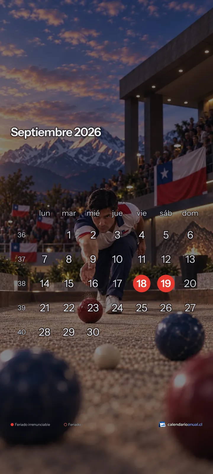 Fondo de pantalla Deportes Chile, Bochas, con el calendario de septiembre 2026 de Chile y sus feriados, vertical para celular
