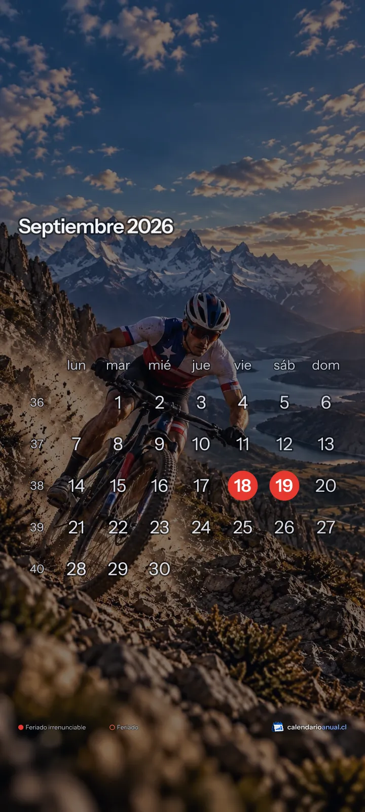 Fondo de pantalla Deportes Chile, Ciclismo de montaña, con el calendario de septiembre 2026 de Chile y sus feriados, vertical para celular