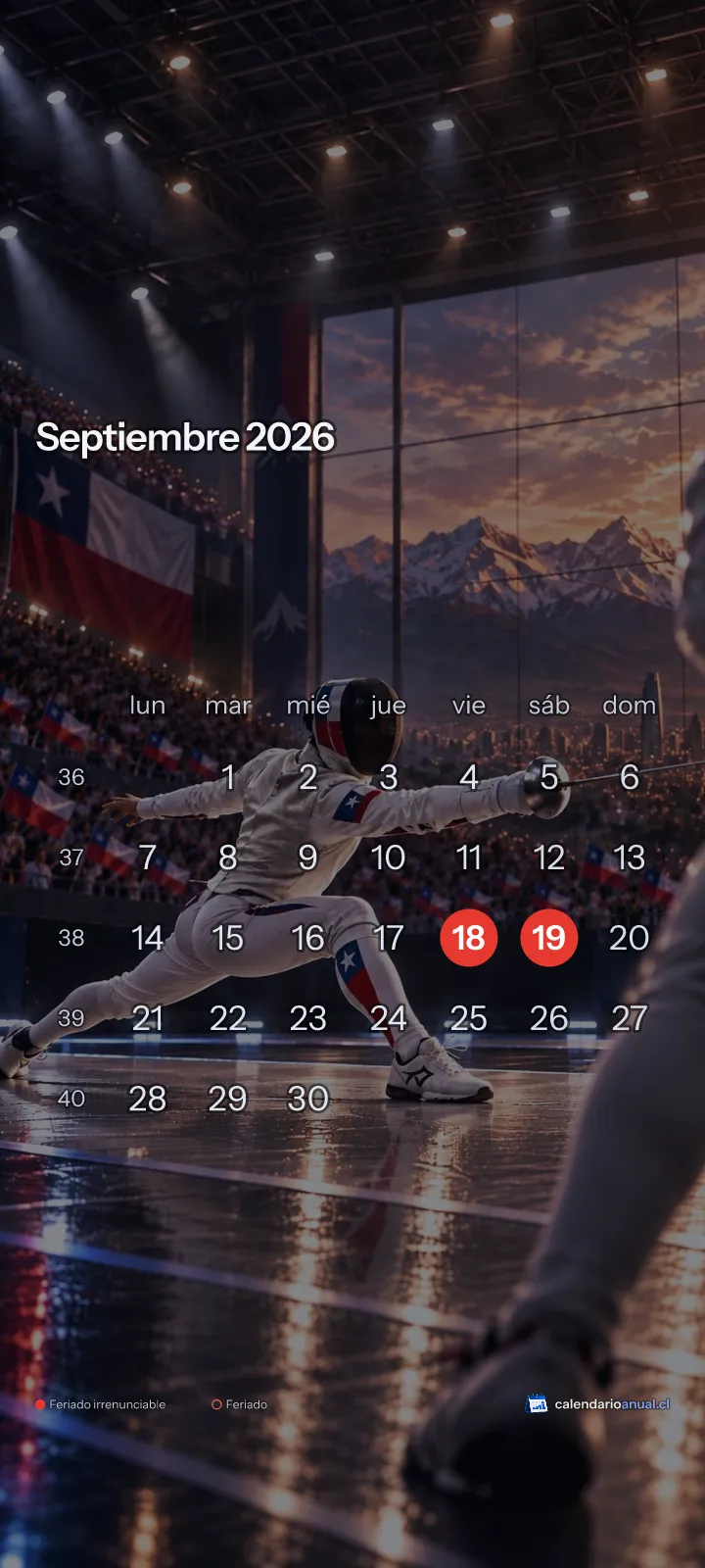 Fondo de pantalla Deportes Chile, Esgrima, con el calendario de septiembre 2026 de Chile y sus feriados, vertical para celular