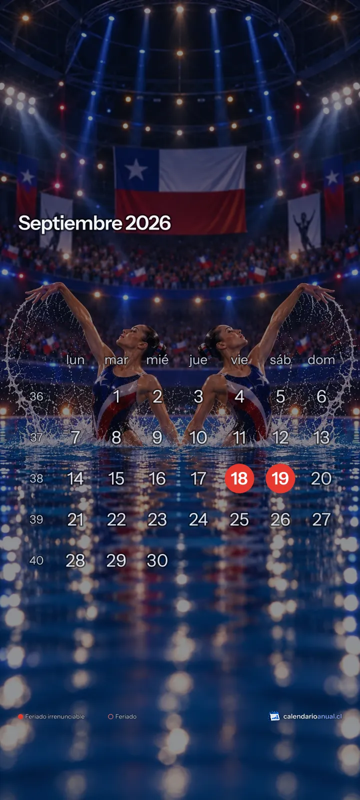 Fondo de pantalla Deportes Chile, Natación artística, con el calendario de septiembre 2026 de Chile y sus feriados, vertical para celular