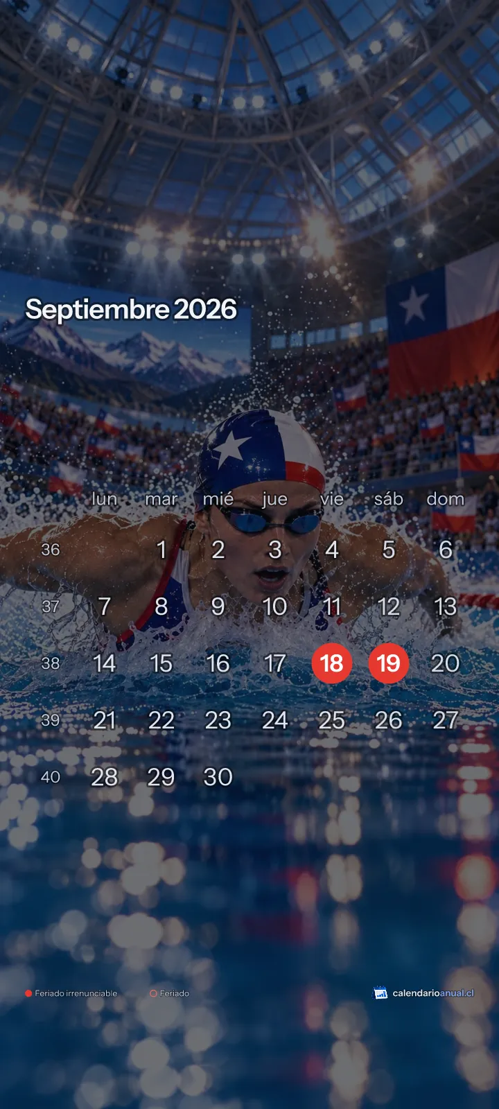 Fondo de pantalla Deportes Chile, Natación, con el calendario de septiembre 2026 de Chile y sus feriados, vertical para celular