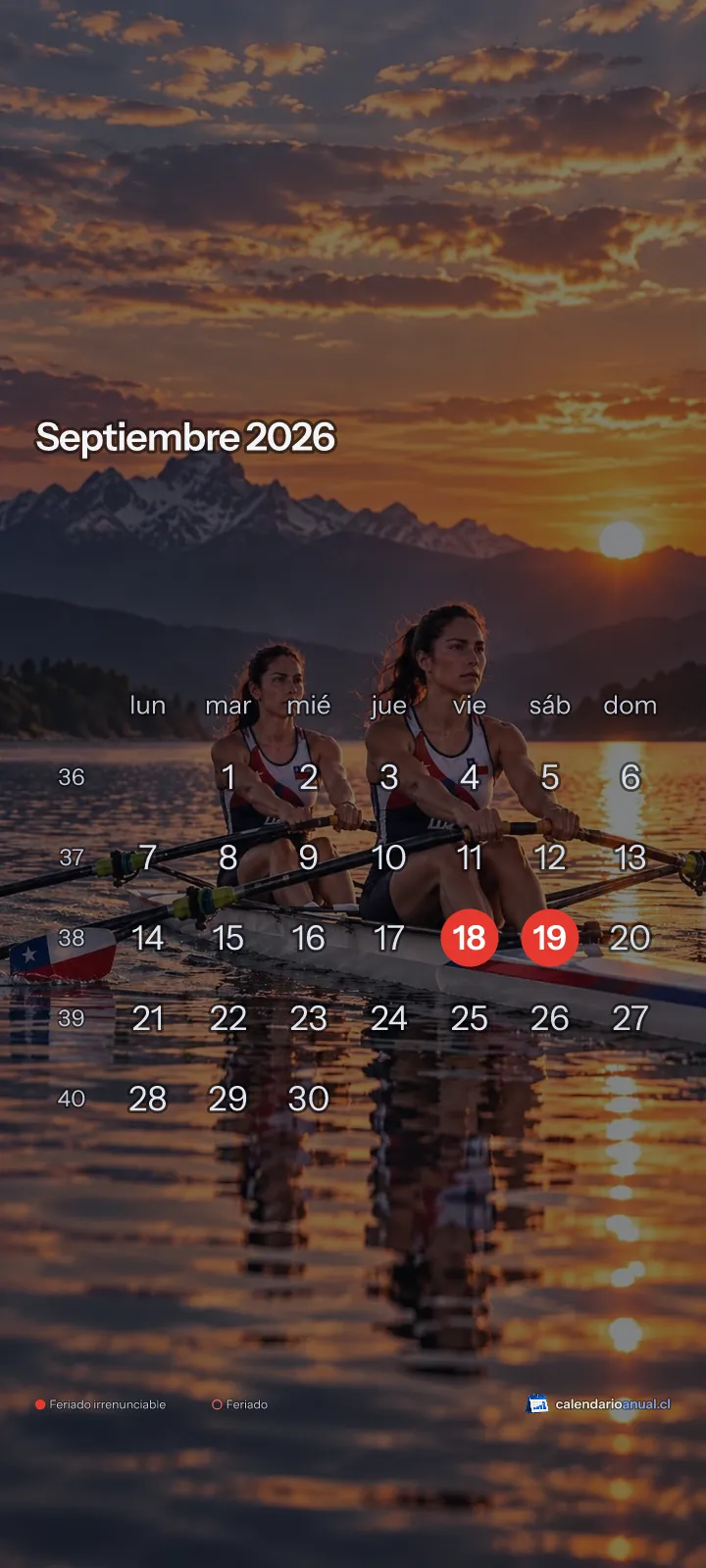Fondo de pantalla Deportes Chile, Remo, con el calendario de septiembre 2026 de Chile y sus feriados, vertical para celular