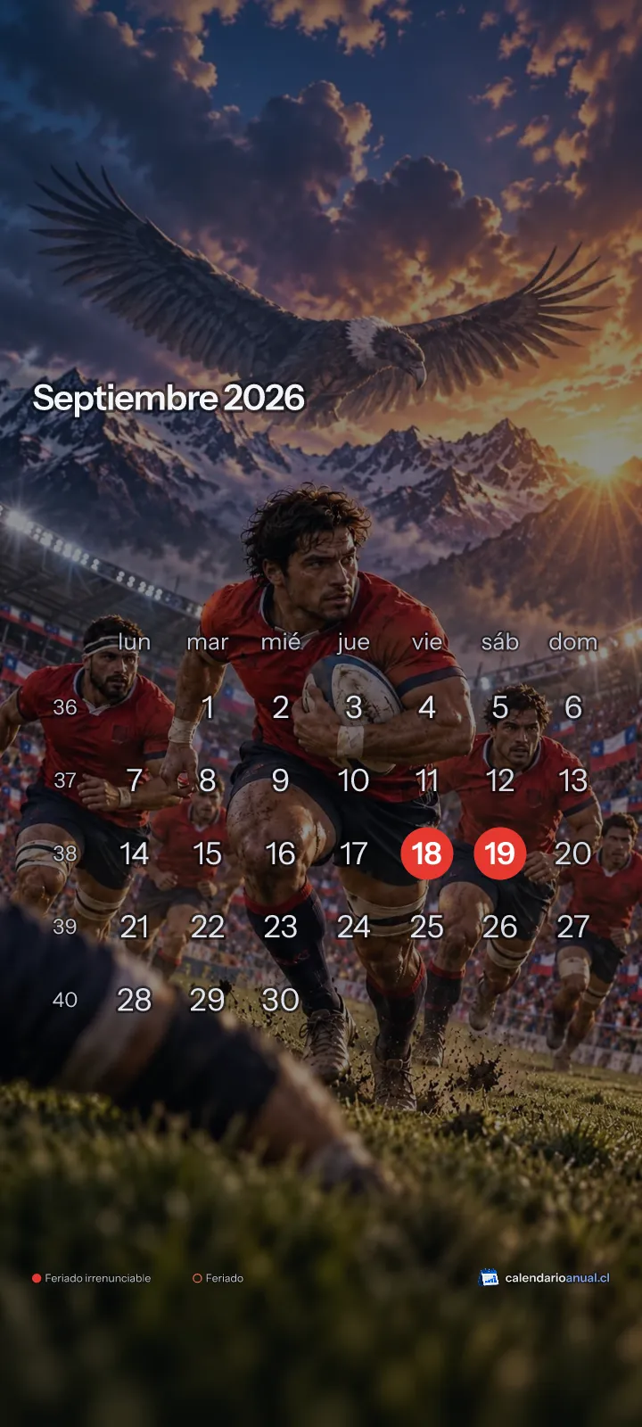 Fondo de pantalla Deportes Chile, Rugby, con el calendario de septiembre 2026 de Chile y sus feriados, vertical para celular