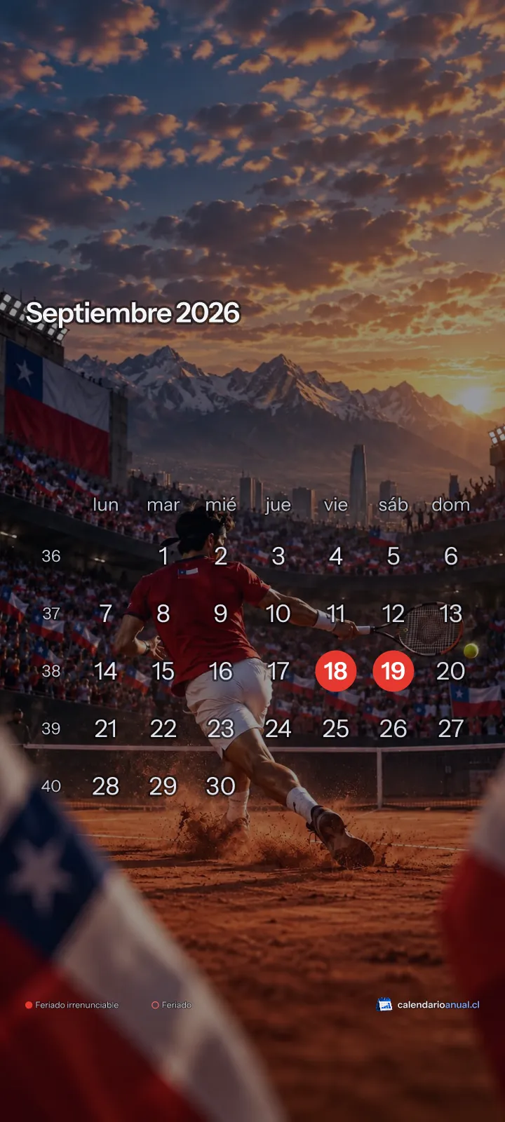 Fondo de pantalla Deportes Chile, Tenis, con el calendario de septiembre 2026 de Chile y sus feriados, vertical para celular