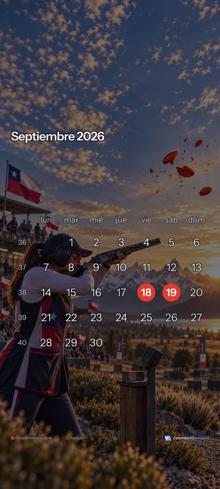 Fondo de pantalla Deportes Chile, Tiro al vuelo, con el calendario de septiembre 2026 de Chile y sus feriados, vertical para celular
