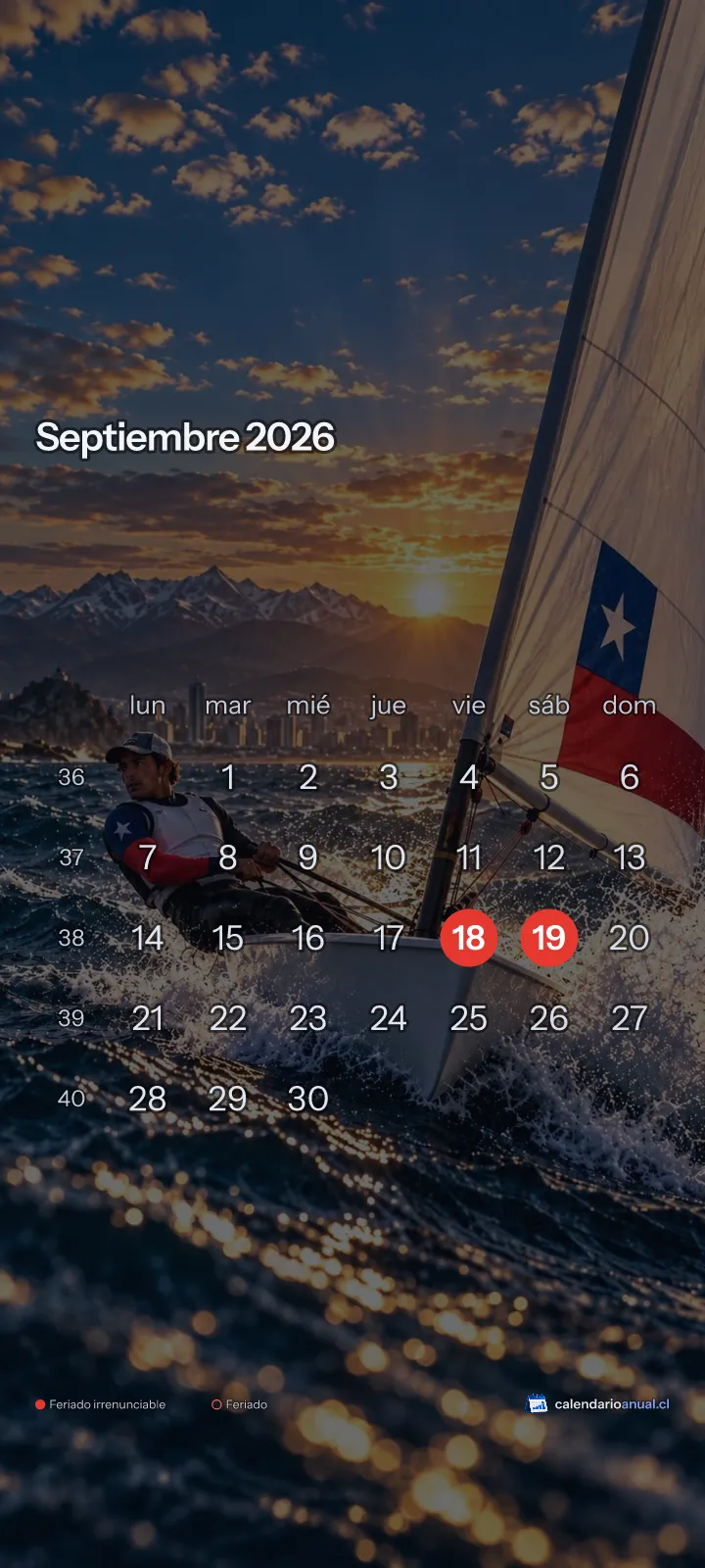 Fondo de pantalla Deportes Chile, Vela, con el calendario de septiembre 2026 de Chile y sus feriados, vertical para celular