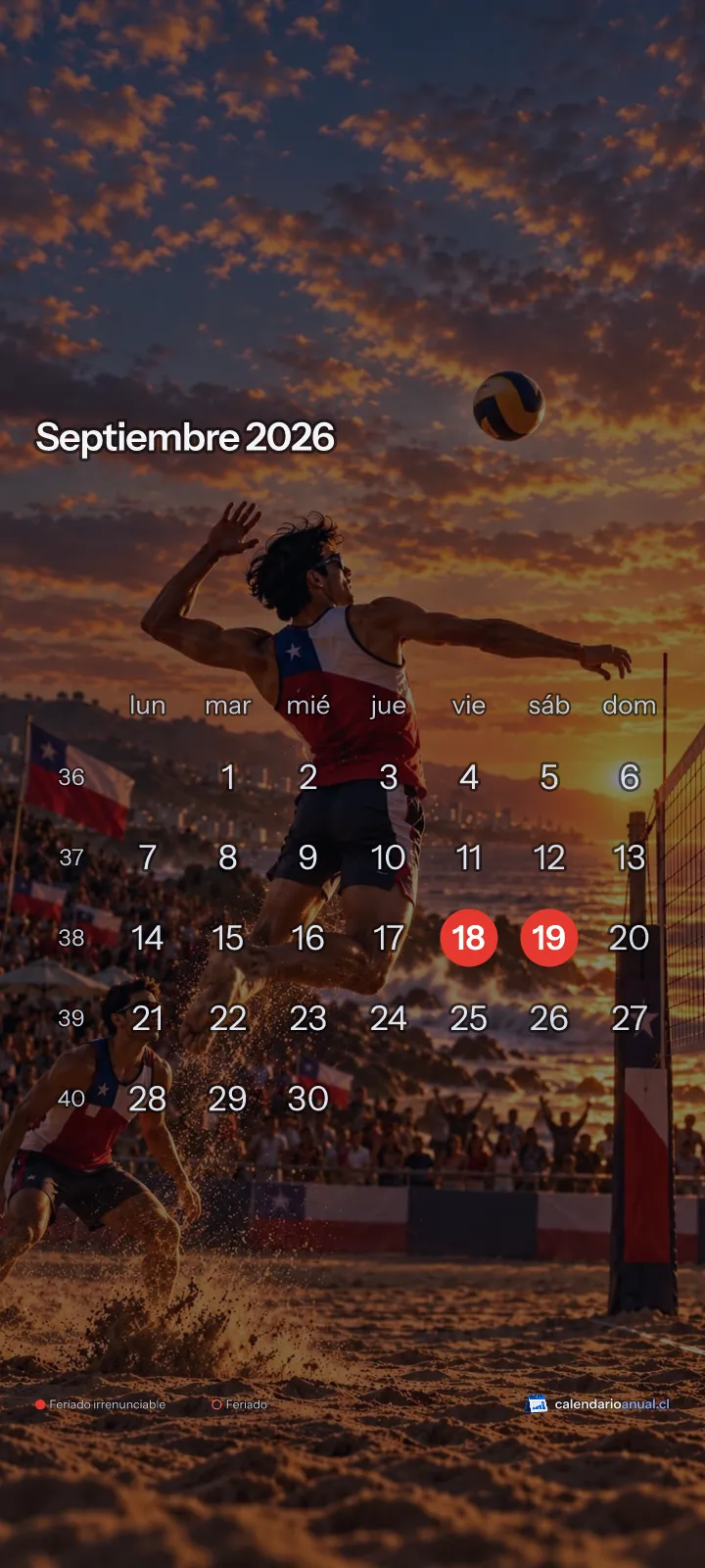 Fondo de pantalla Deportes Chile, Vóleibol playa, con el calendario de septiembre 2026 de Chile y sus feriados, vertical para celular