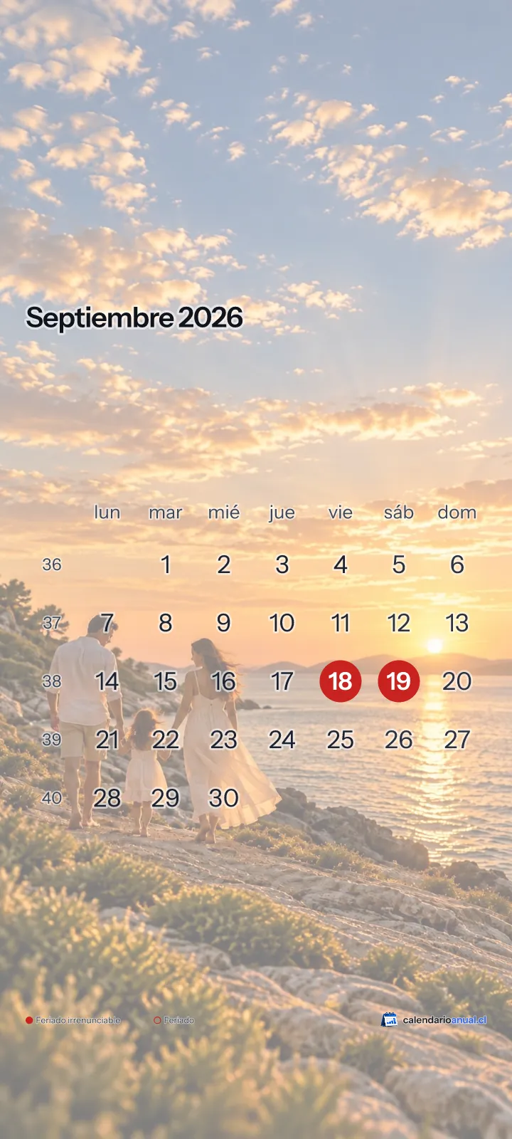 Fondo de pantalla Familiar, Atardecer, con el calendario de septiembre 2026 de Chile y sus feriados, vertical para celular