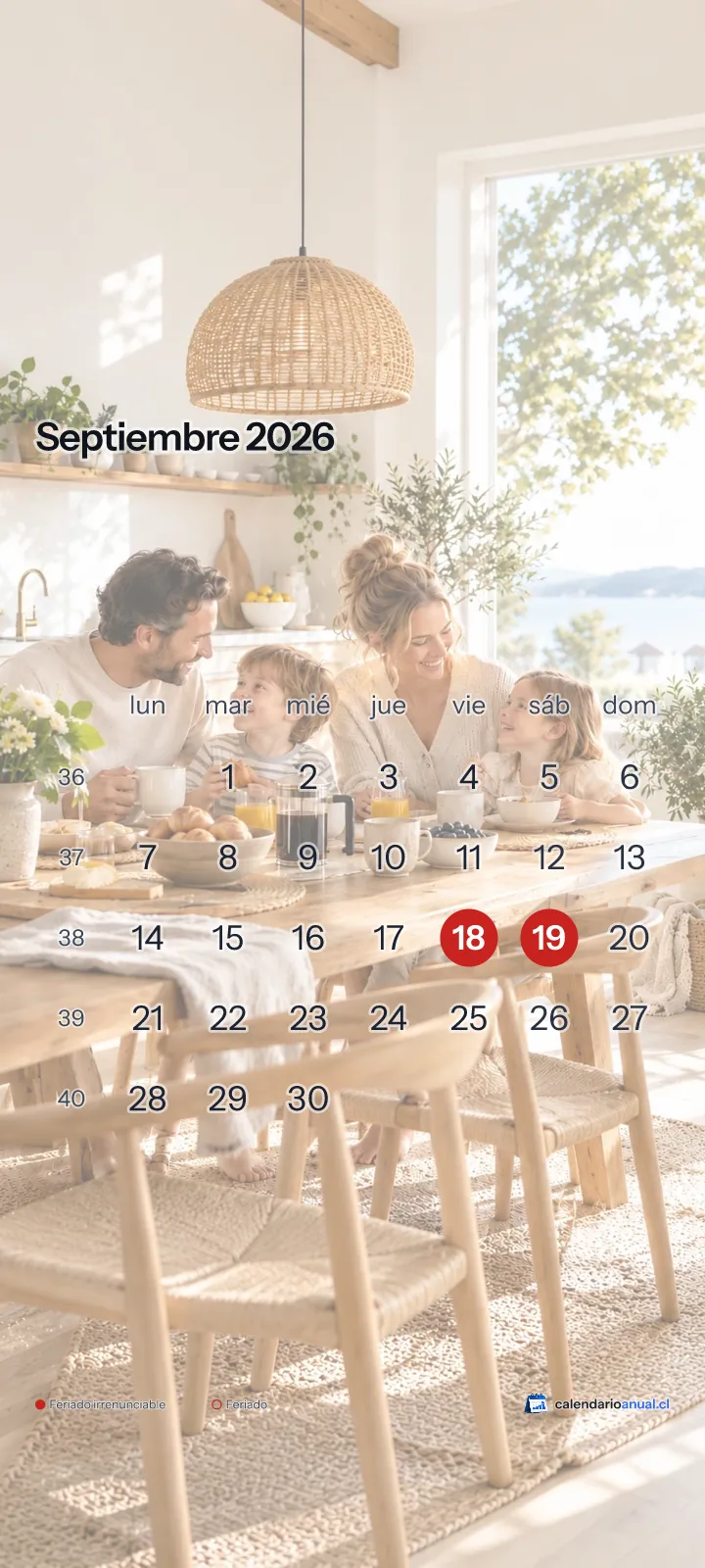 Fondo de pantalla Familiar, Desayuno, con el calendario de septiembre 2026 de Chile y sus feriados, vertical para celular