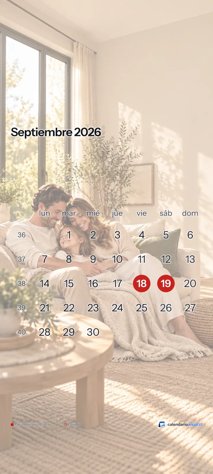 Fondo de pantalla Familiar, En casa, con el calendario de septiembre 2026 de Chile y sus feriados, vertical para celular