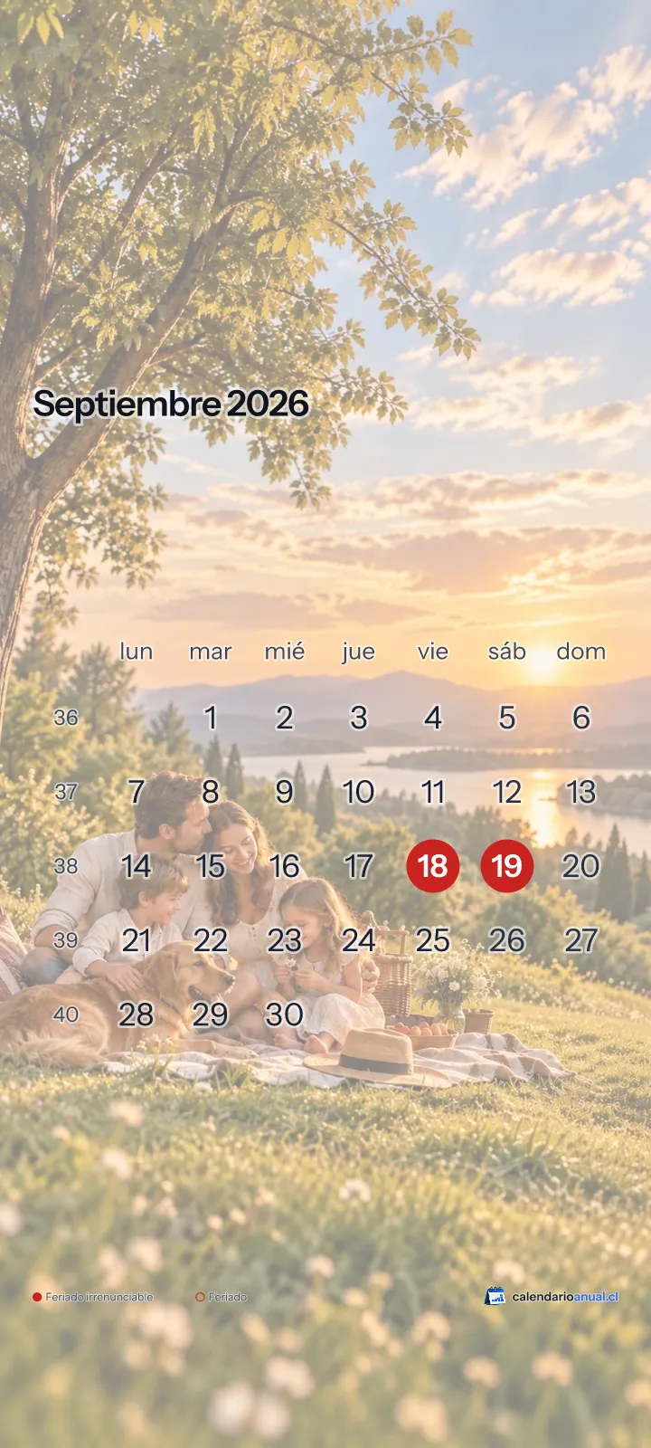 Fondo de pantalla Familiar, Picnic, con el calendario de septiembre 2026 de Chile y sus feriados, vertical para celular