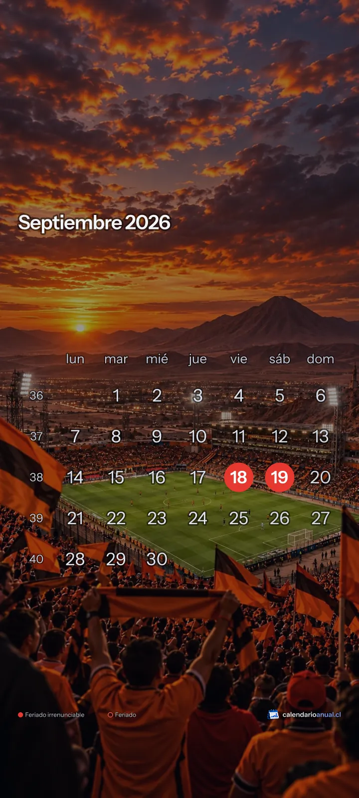 Fondo de pantalla Fútbol, Tributo Cobreloa, con el calendario de septiembre 2026 de Chile y sus feriados, vertical para celular