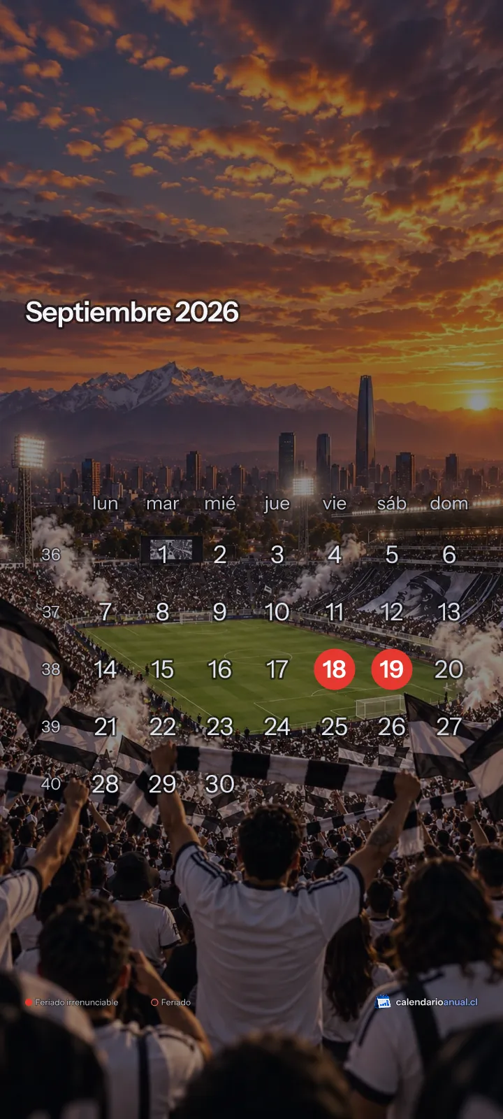 Fondo de pantalla Fútbol, Tributo Colo-Colo, con el calendario de septiembre 2026 de Chile y sus feriados, vertical para celular