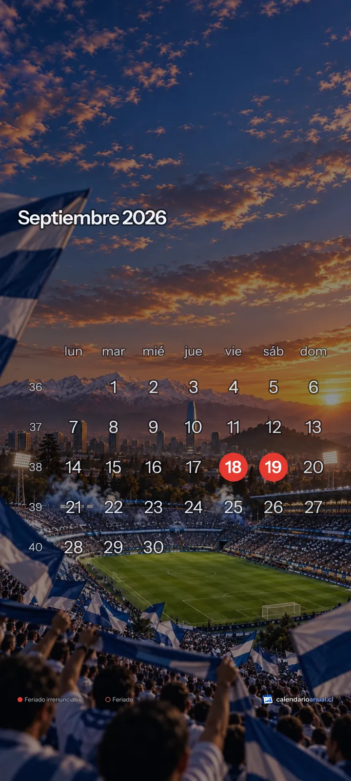Fondo de pantalla Fútbol, Tributo Universidad Católica, con el calendario de septiembre 2026 de Chile y sus feriados, vertical para celular