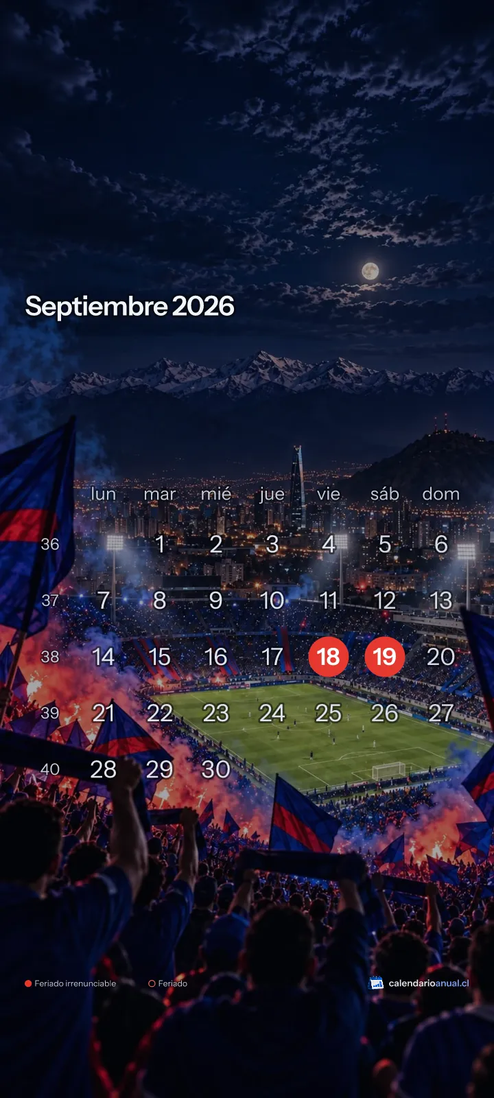Fondo de pantalla Fútbol, Tributo Universidad de Chile, con el calendario de septiembre 2026 de Chile y sus feriados, vertical para celular