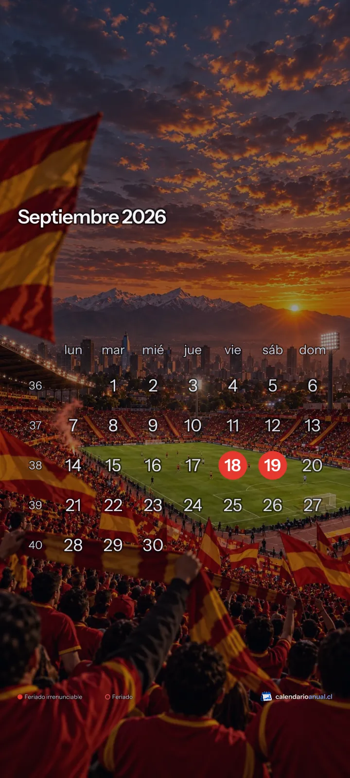 Fondo de pantalla Fútbol, Tributo Unión Española, con el calendario de septiembre 2026 de Chile y sus feriados, vertical para celular