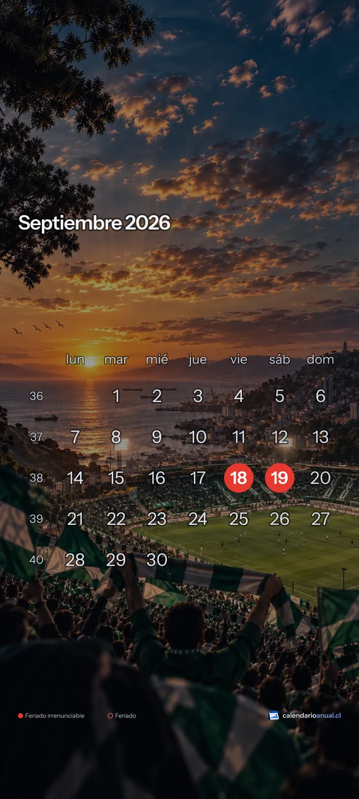 Fondo de pantalla Fútbol, Tributo Santiago Wanderers, con el calendario de septiembre 2026 de Chile y sus feriados, vertical para celular