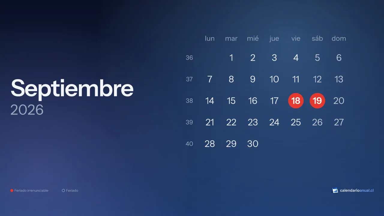 Calendario de septiembre 2026 de Chile con feriados, tema Invierno, horizontal para computador