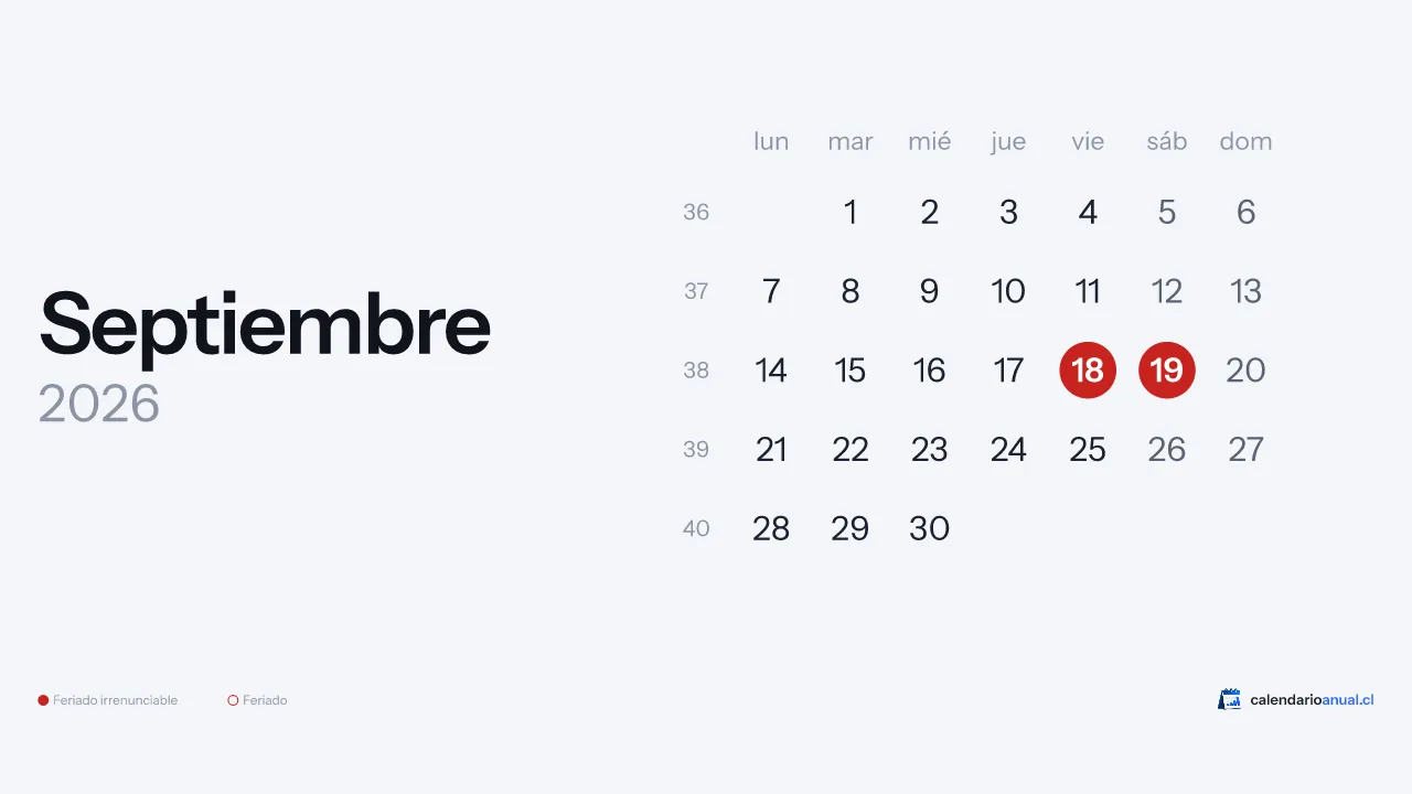 Calendario de septiembre 2026 de Chile con feriados, tema Minimal claro, horizontal para computador