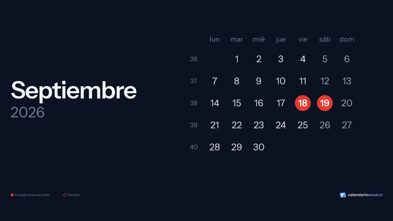 Calendario de septiembre 2026 de Chile con feriados, tema Minimal oscuro, horizontal para computador