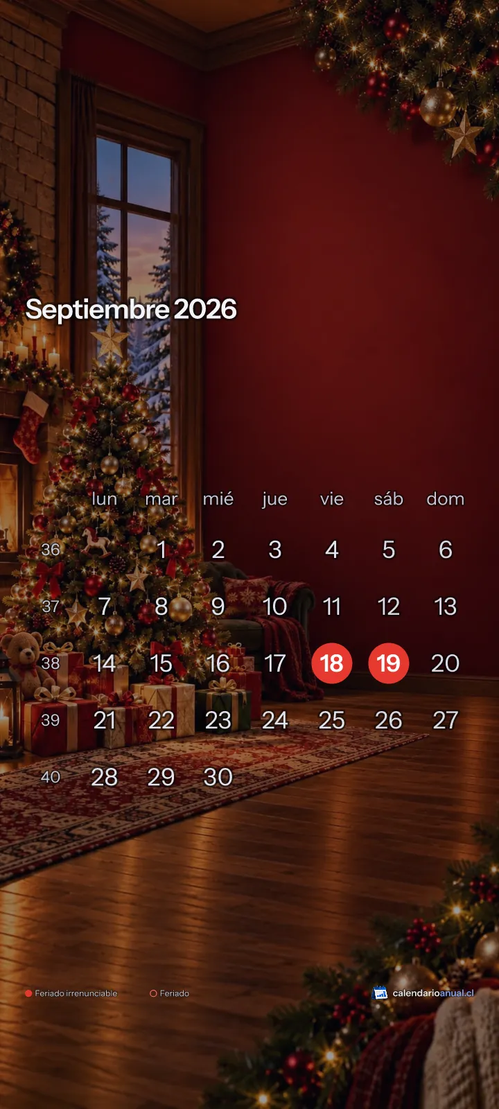 Fondo de pantalla Navidad, Clásica, con el calendario de septiembre 2026 de Chile y sus feriados, vertical para celular