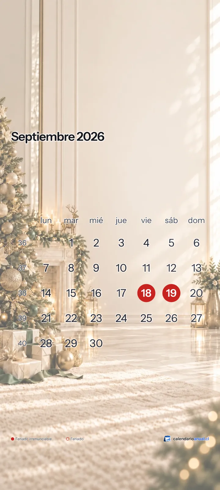 Fondo de pantalla Navidad, Elegante, con el calendario de septiembre 2026 de Chile y sus feriados, vertical para celular