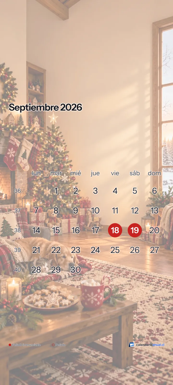 Fondo de pantalla Navidad, Familiar, con el calendario de septiembre 2026 de Chile y sus feriados, vertical para celular
