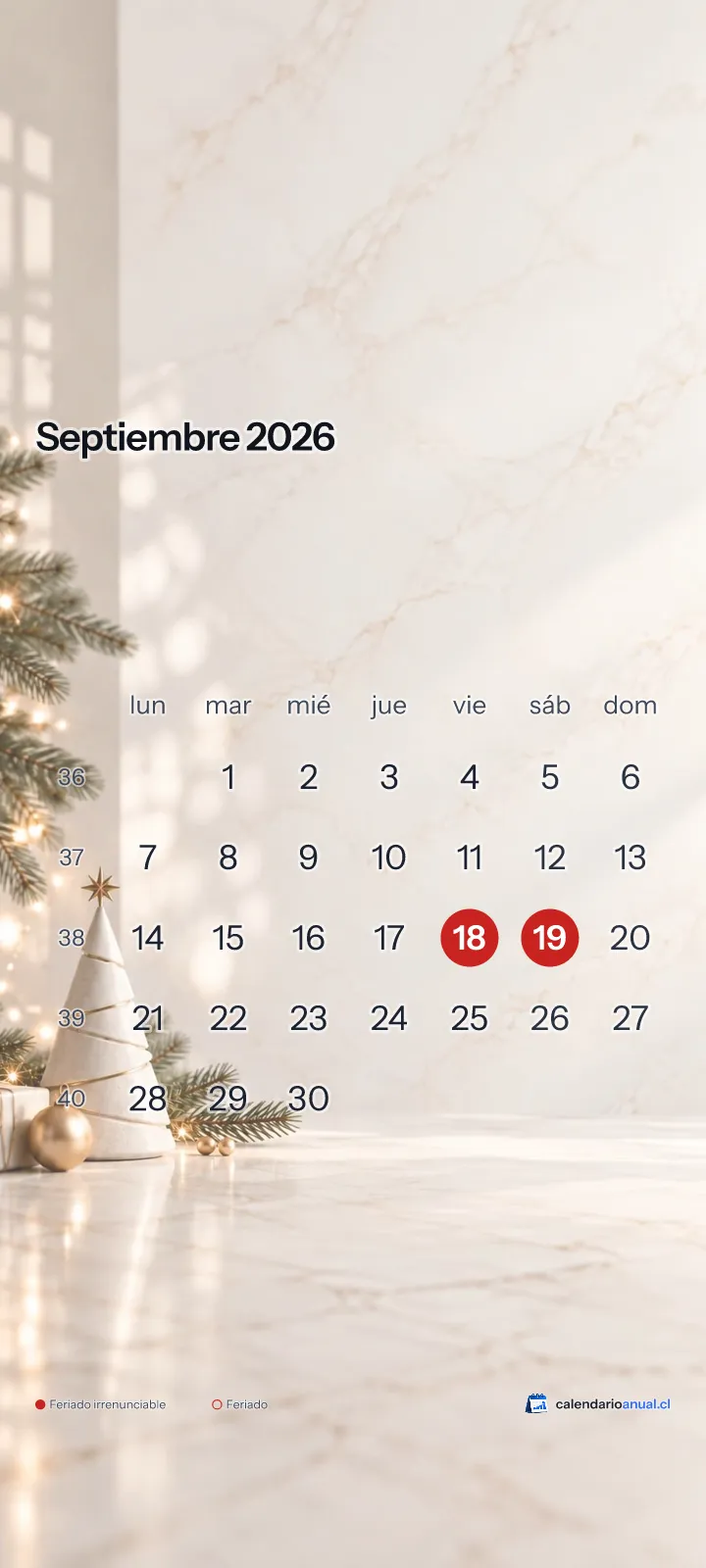 Fondo de pantalla Navidad, Minimalista, con el calendario de septiembre 2026 de Chile y sus feriados, vertical para celular