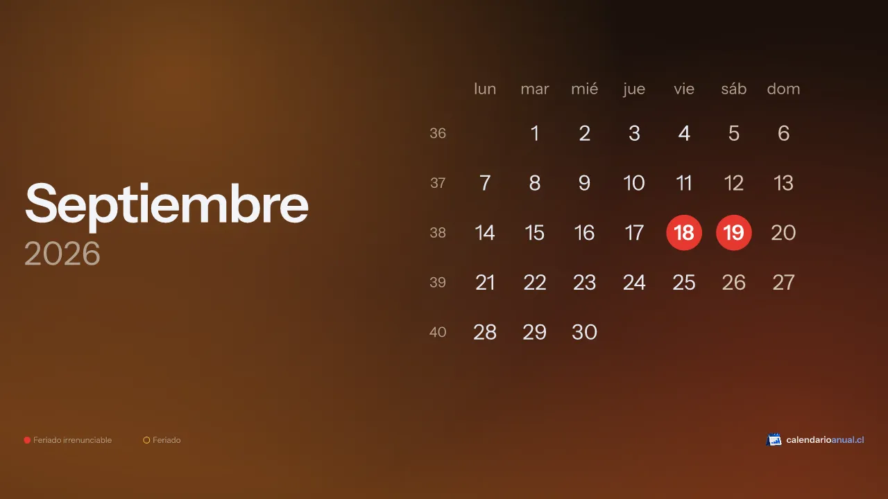 Calendario de septiembre 2026 de Chile con feriados, tema Otoño, horizontal para computador