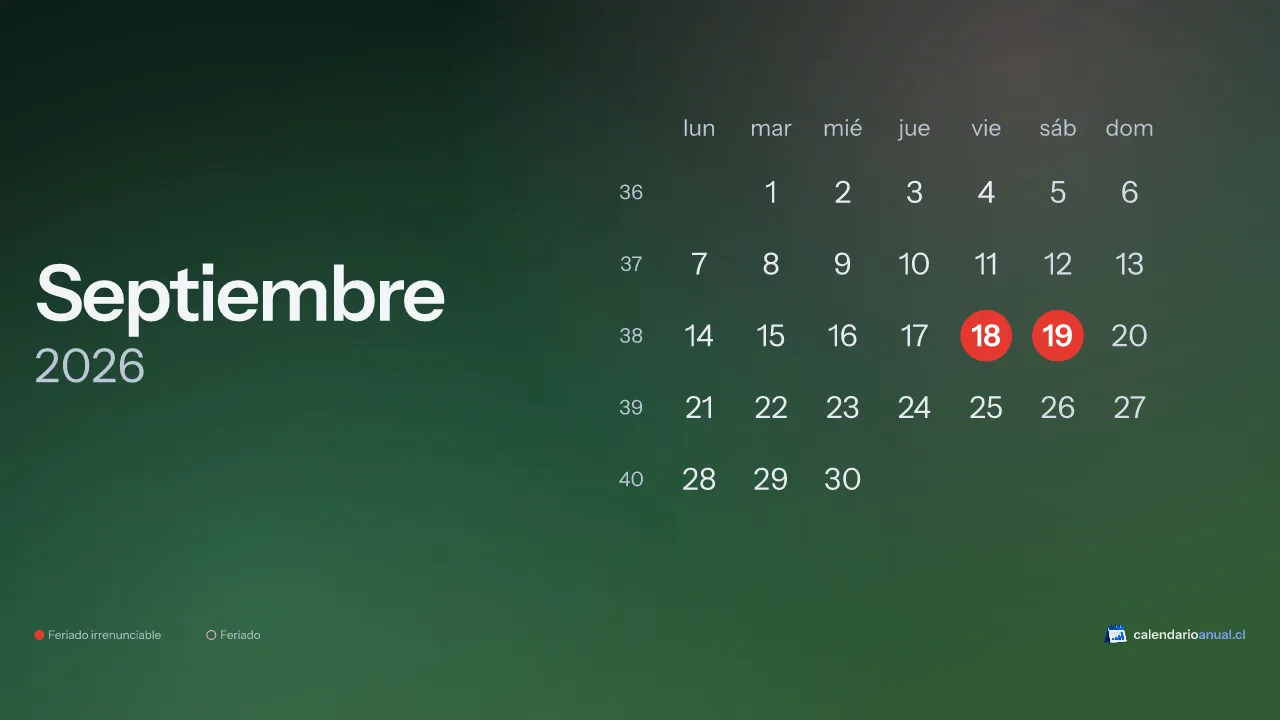 Calendario de septiembre 2026 de Chile con feriados, tema Primavera, horizontal para computador