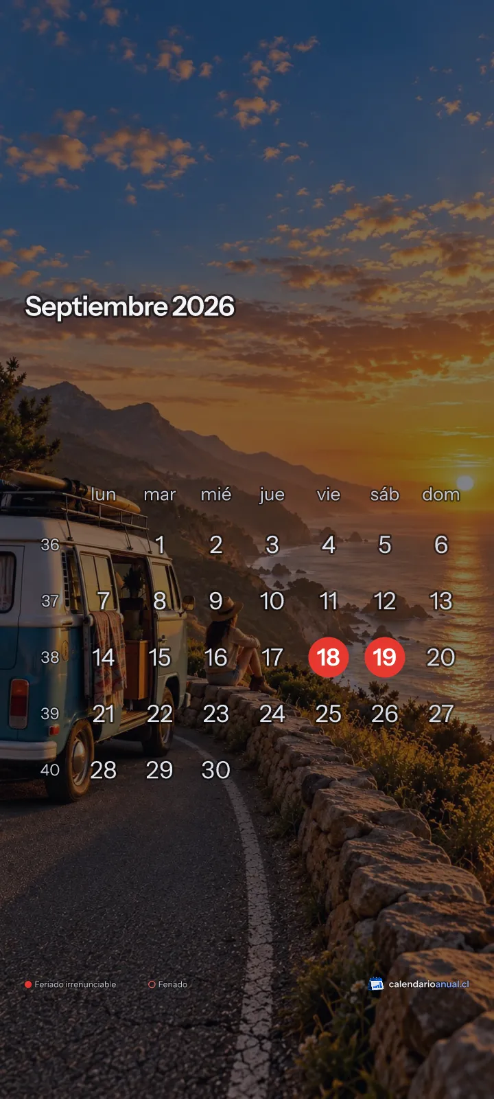 Fondo de pantalla Vacaciones, Aventura, con el calendario de septiembre 2026 de Chile y sus feriados, vertical para celular