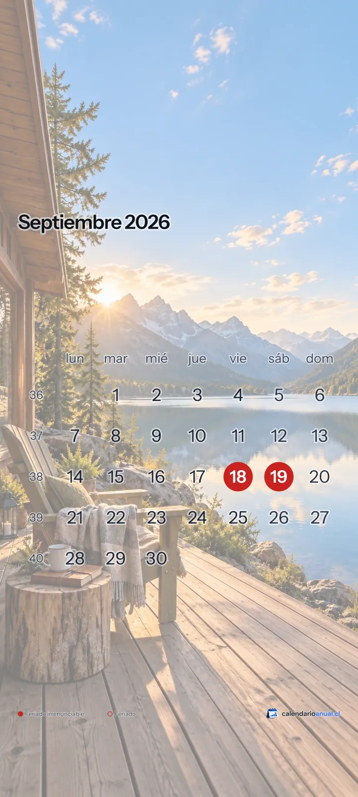 Fondo de pantalla Vacaciones, Descanso, con el calendario de septiembre 2026 de Chile y sus feriados, vertical para celular